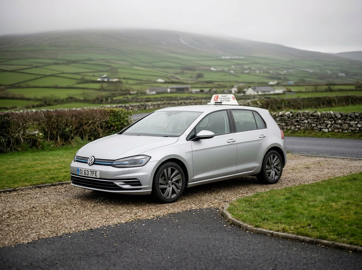 A modern silver dual-control tuition hatchback parked safely in a residential driveway with rural Donegal countryside behind it
